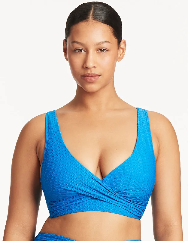 Metallic Female SwimwearHoneycomb Cross Front Multi-Fit Bikini Top - Capri Blue