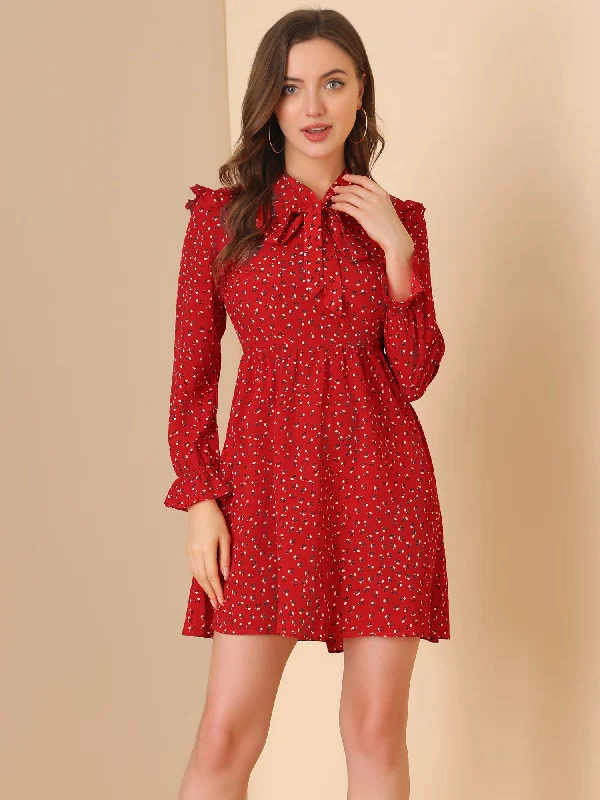 women's handmade dressesFloral Print Tie Neck High Waist Long Sleeve Ruffle Cuff Mini Dress