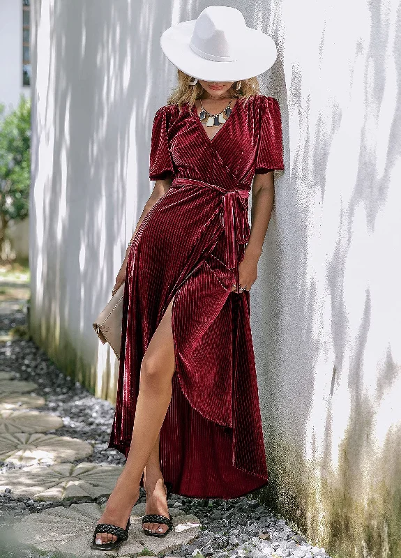 Evening DressDingJiDress Wedding Guest Dress Women's Velvet V Neck Short Sleeve Wrap Maxi Dress Formal Wear Dresses Evening Dress