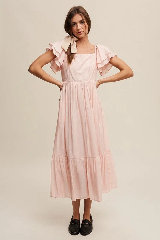 Silk DressSquare Neck Ruffled Short Sleeve Maxi Dress