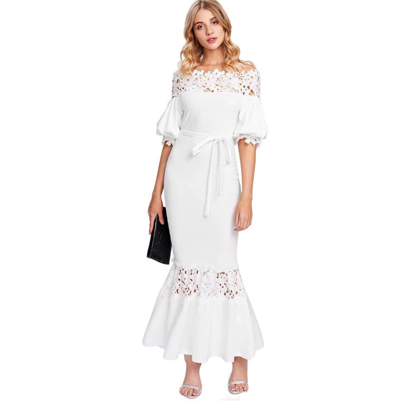 women's short-sleeved dressesWhite Lace Off  Shoulder Maxi Dress