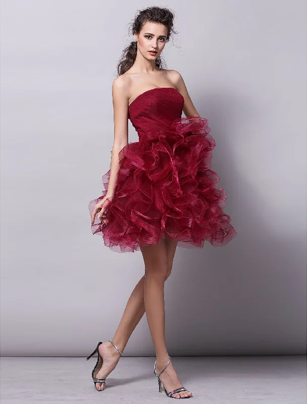 Tall Women DressCocktail Party Dress Strapless Sleeveless Short Mini Tulle with Ruched Tier