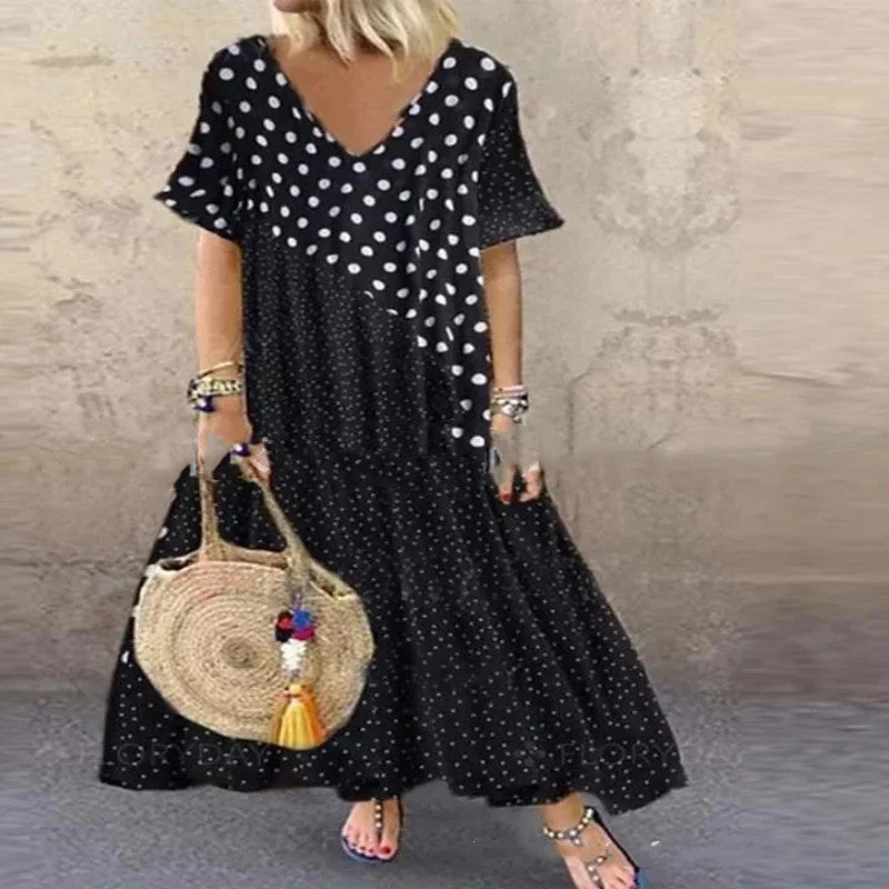 Plunging Neckline DressBoho Polka Dot Maxi Summer Dress For Women, Bohemian Dress