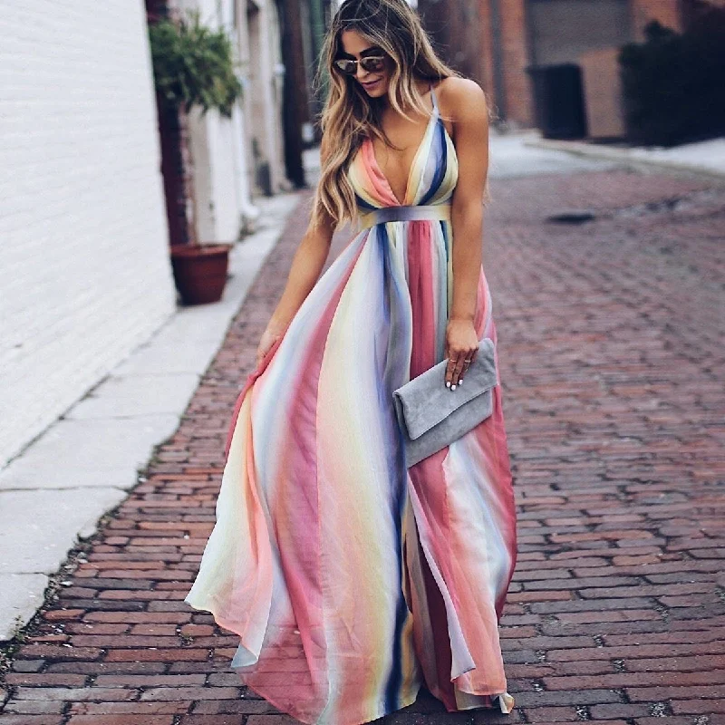 Designer DressHalter Maxi Bohemian Rainbow Summer Dress, Boho Dress for Women