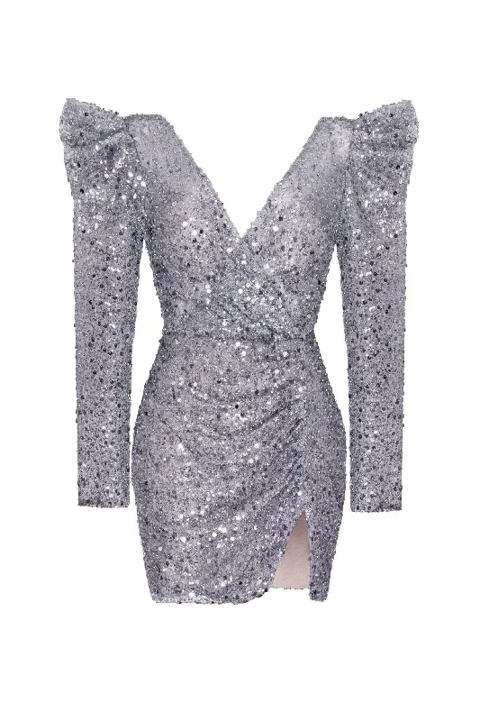 women's hourglass figure dressesSilver metallic long-sleeve sequined mini dress