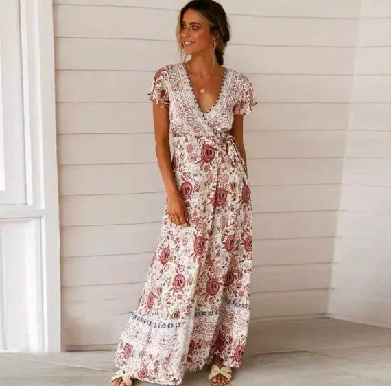 women's work dressesBoho Floral Summer Maxi Dress for Women, Bohemian Summer Dress