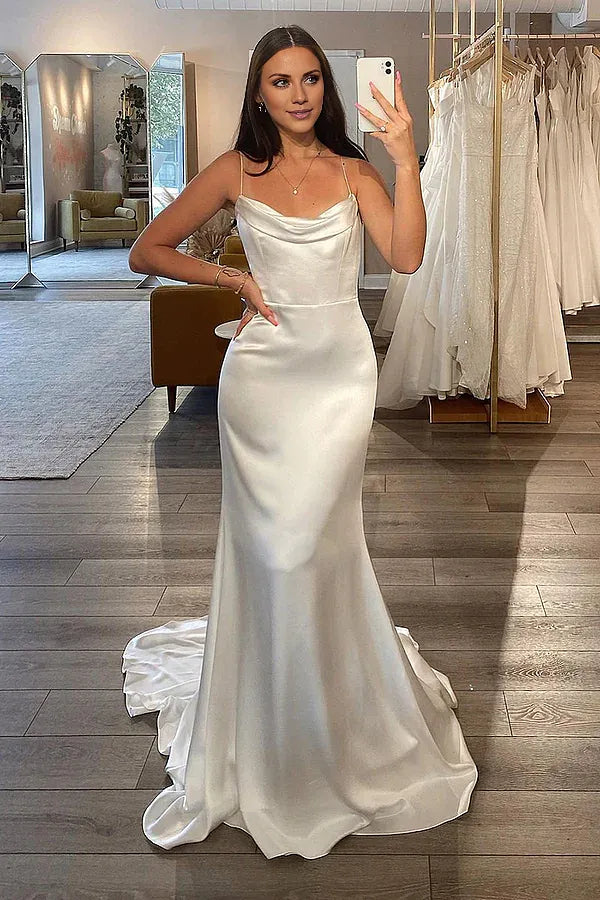 Laced DressThin shoulder strap satin pleated minimalist fishtail wedding dress