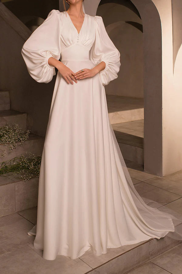 Metallic DressA-neck V-neck long sleeved satin minimalist drag on wedding dress