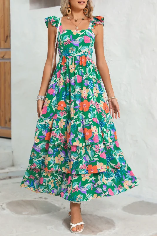 Tea-Length DressGreen Boho Floral Print Ruffle Sleeveless Tiered Maxi Dress