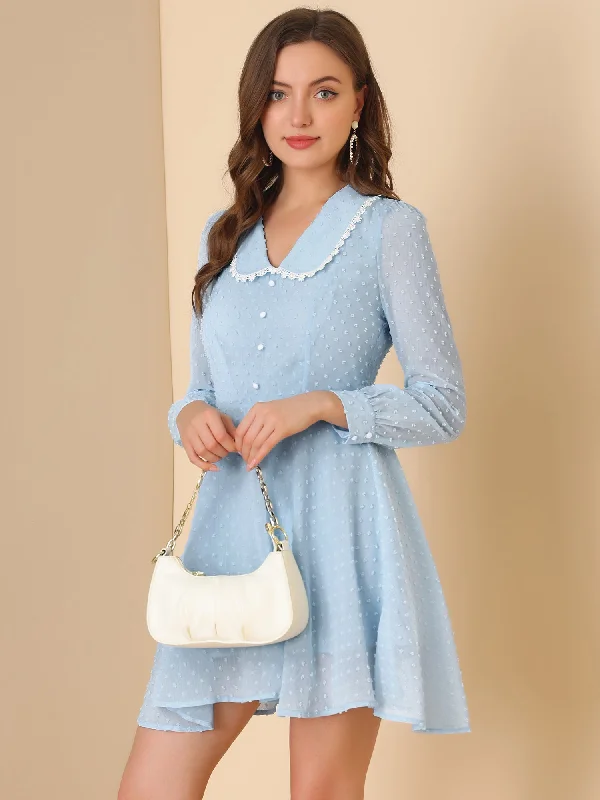 Embellished DressPeter Pan Collar Crochet Trim Long Sleeve Swiss Dots Retro Mini Dress