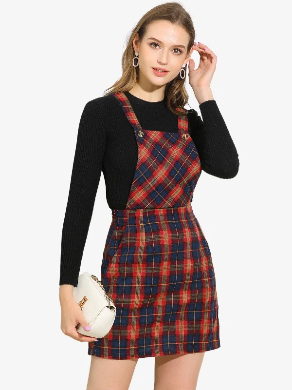 women's easy-to-wear dressesOverall Bib Plaid Adjustable Strap Pinafore Mini Suspender Skirt