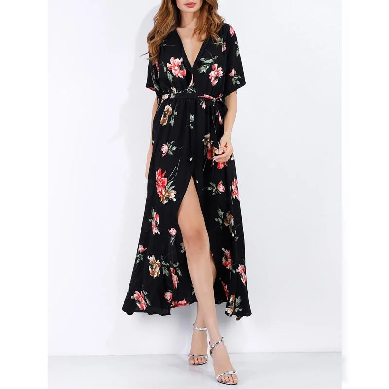 Minimalist DressBlack Floral Print Long Maxi Dress