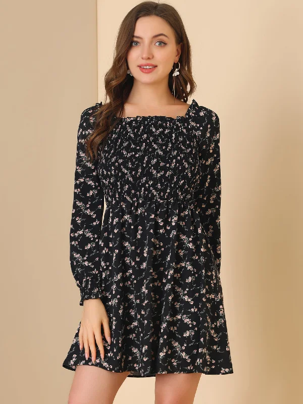 women's retro dressesMini Smocked Square Neck Long Sleeve Floral Print Dress