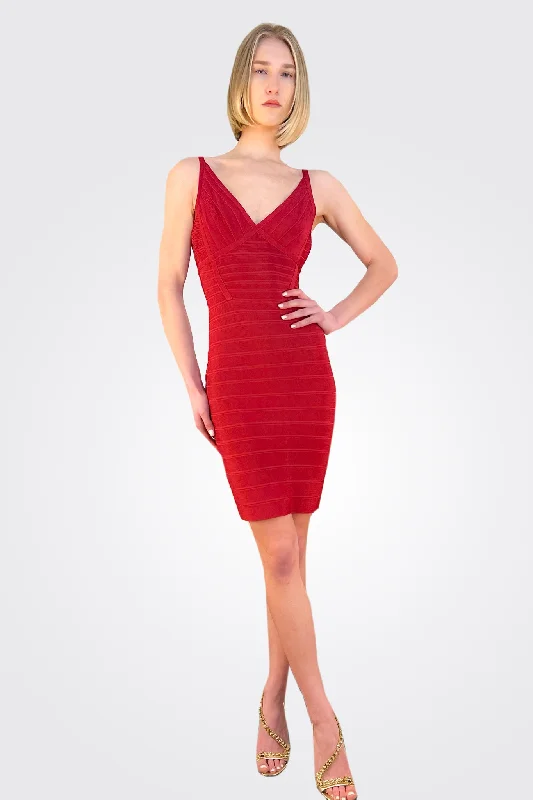 Beaded DressV Neck Bandage Mini Dress - Red