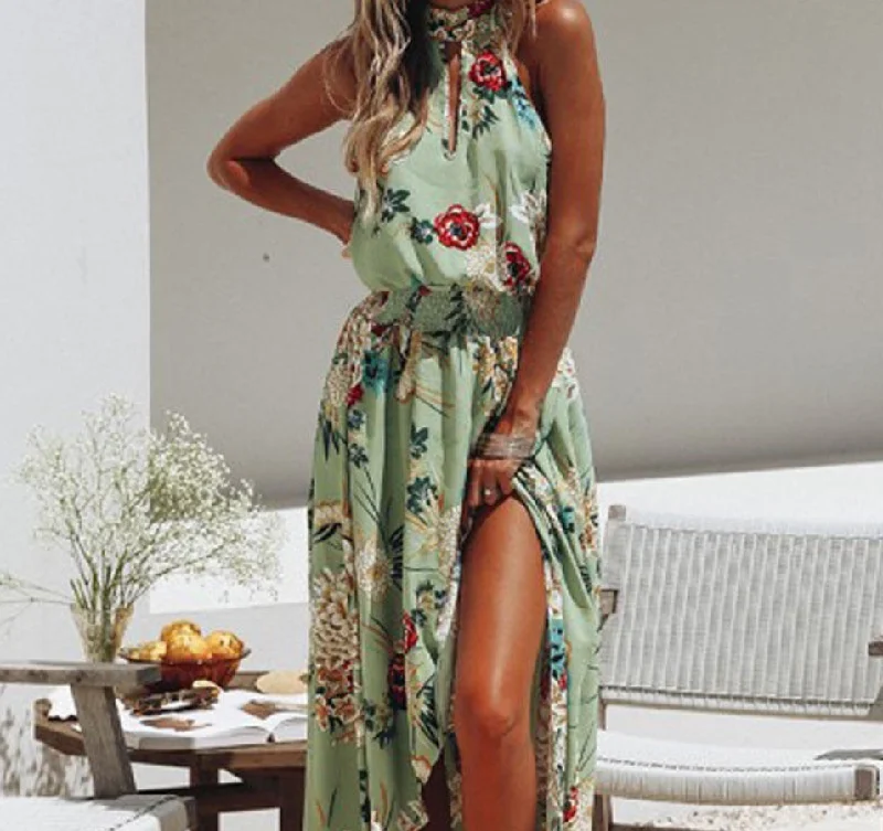 Ruffled Hem DressHalter Floral Summer Dress, Boho Maxi Summer  Dress for Women