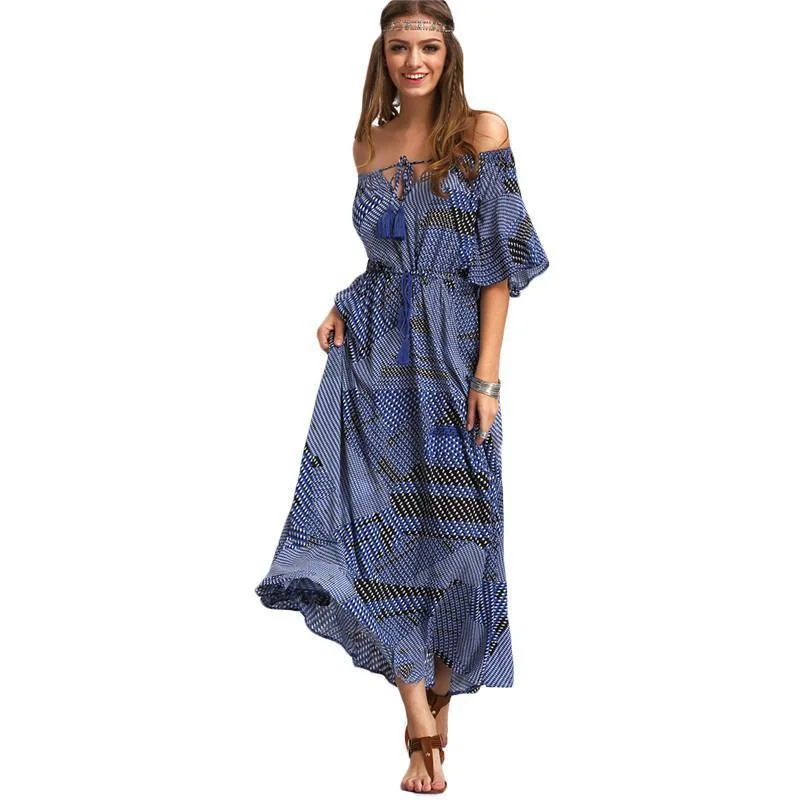 women's off-the-shoulder dressesVintage Tie-waist Ruffled Maxi Dress