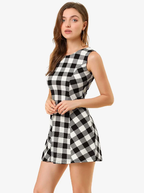 Velvet DressClassic Sleeveless Mini A-Line Fit and Flare Plaid Dress