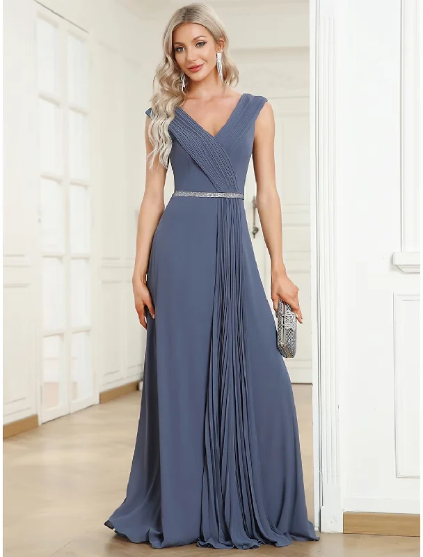 Spaghetti Strap DressA-Line Wedding Guest Dresses Minimalist Dress Formal Floor Length Sleeveless V Neck Chiffon with Pleats