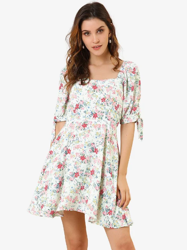 Maternity DressFloral Printed Sweetheart Neck Puff Sleeve A-Line Mini Dress