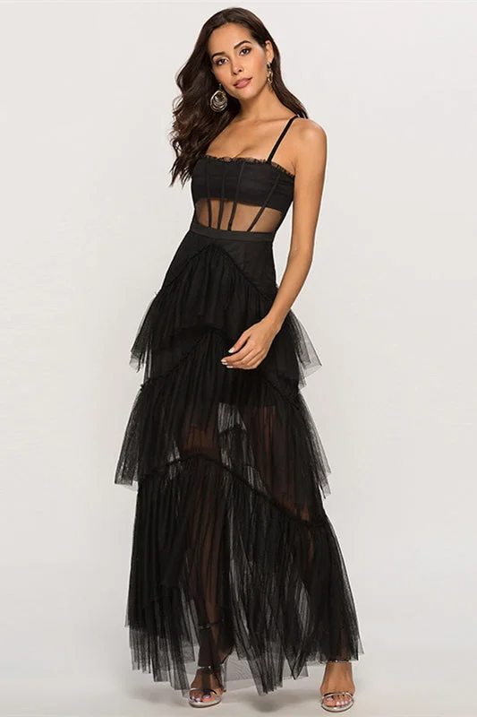 High-Low DressStraps Black Tulle Ruffled Long Maxi Dress