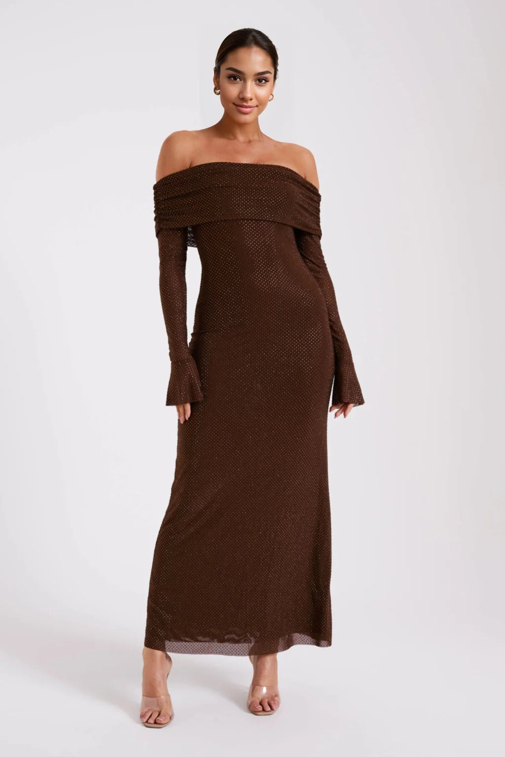 women's retro dressesMarcel Off Shoulder Diamante Maxi Dress - Chocolate