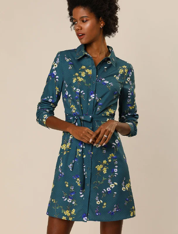 Sweetheart Neckline DressButton Down Floral Collar Tie Belted Mini Shirt Dress