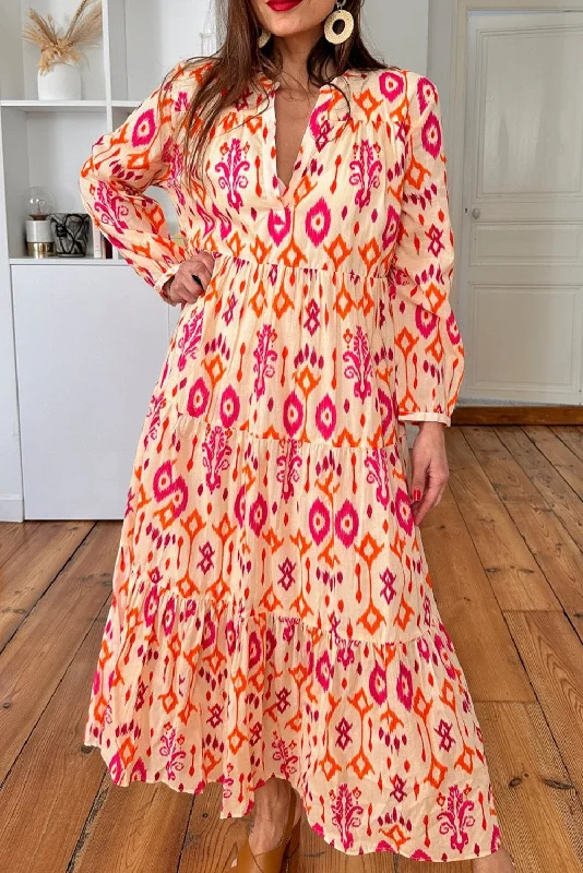 Knit DressOrange Abstract Geometric Printed V Neck Maxi Dress