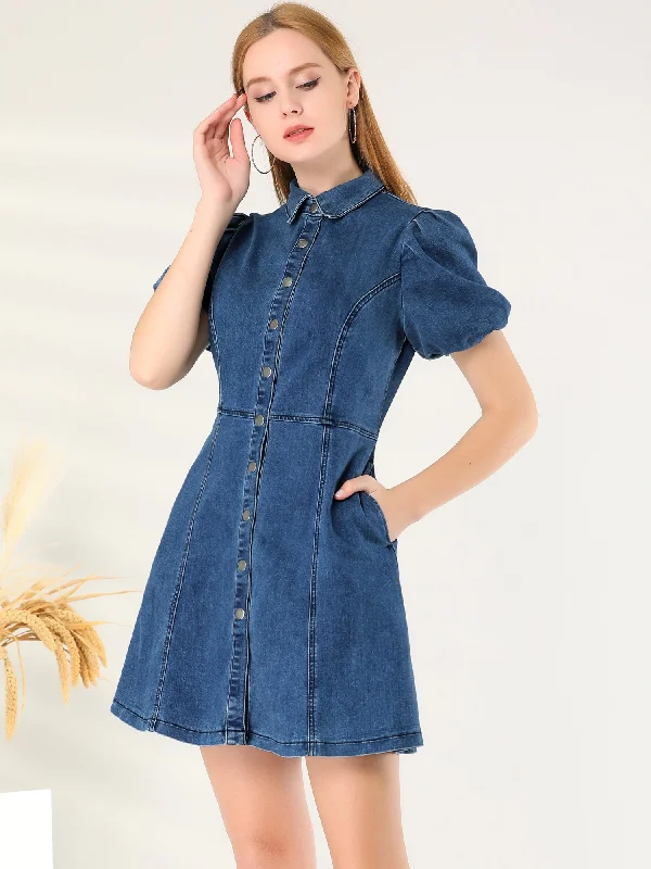 Formal DressDenim Puff Short Sleeve Collared Button Down Mini Dress