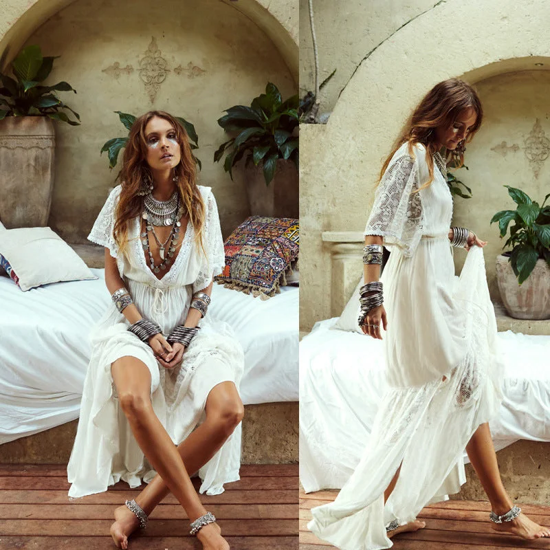 women's long-sleeved dressesBoho Summer White Lace Maxi Dress for Women, Cotton Bohemian Dress