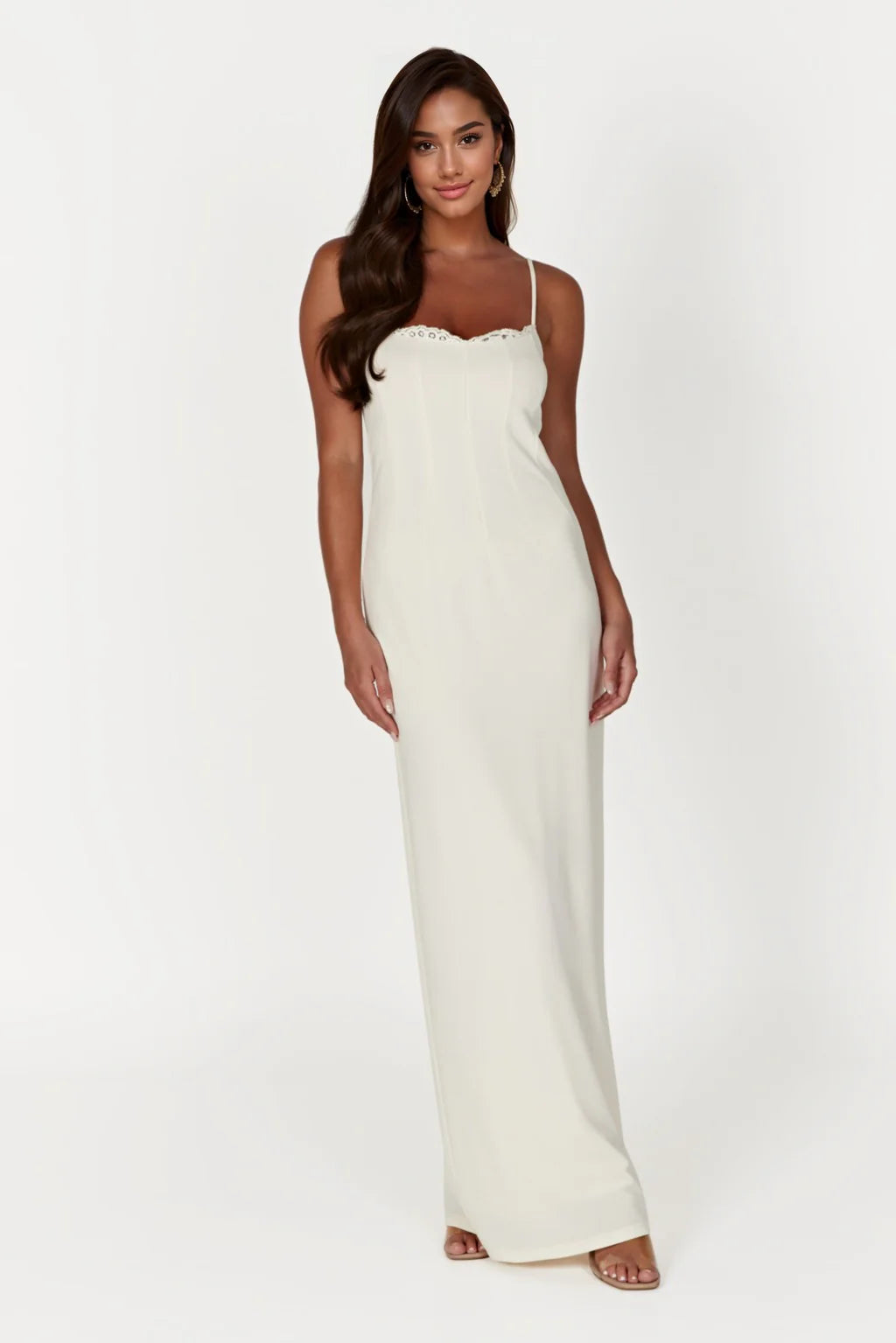 women's minimalist dressesLace Trim Maxi Dress - Bone