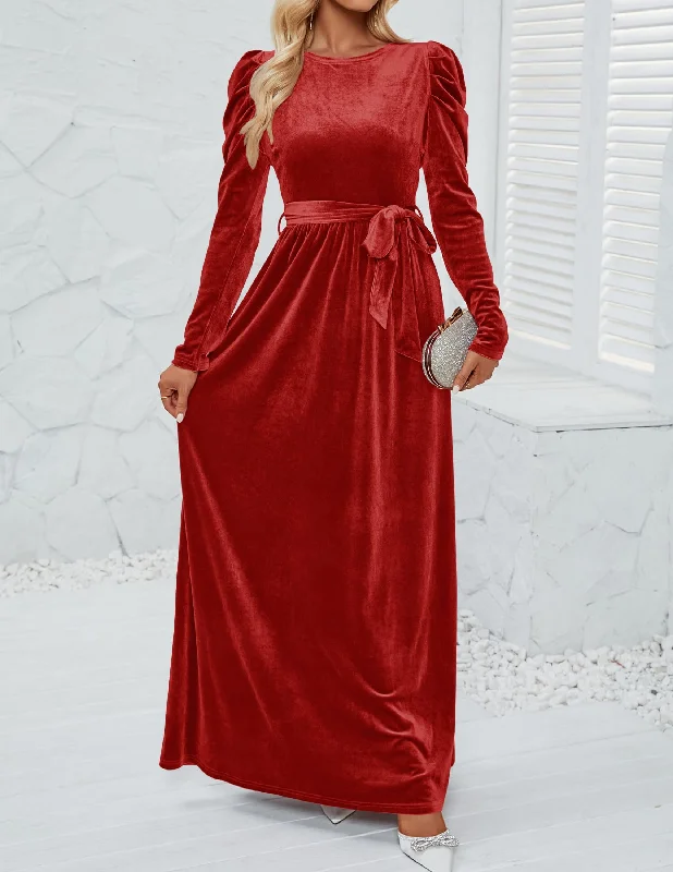 women's unique dressesDingJiDress Wedding Guest Dress Women's Velvet Maxi Dress Long Puff Sleeve Crew Neck Elastic High Waist Cocktail Party Formal Wear Dresses Evening Dress