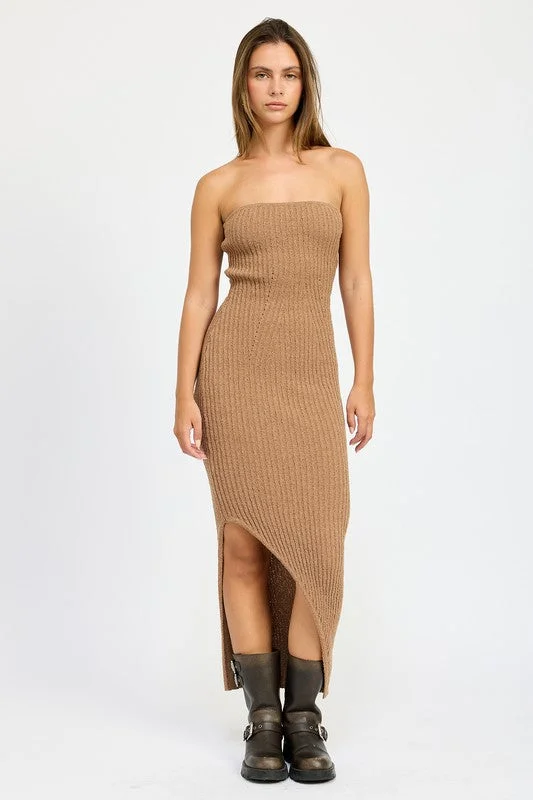 women's curve-hugging dressesASYMMETRICAL RIBBED MAXI TUBE DRESS