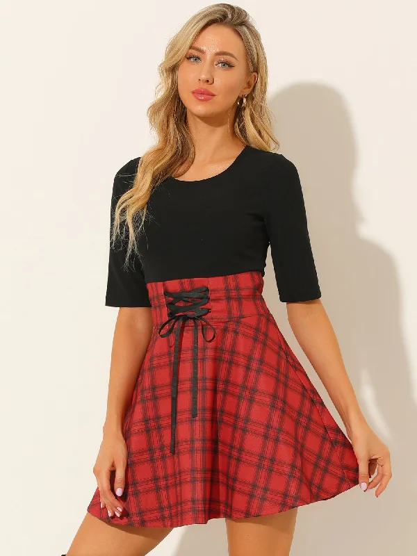 women's fair-trade dressesValentine Plaid Stitching Round Neck Half Sleeve A-Line Mini Dress