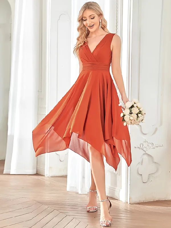 women's prom dressesA-Line Bridesmaid Dress V Neck Sleeveless Elegant Short / Mini Chiffon with Pleats / Tier / Solid Color