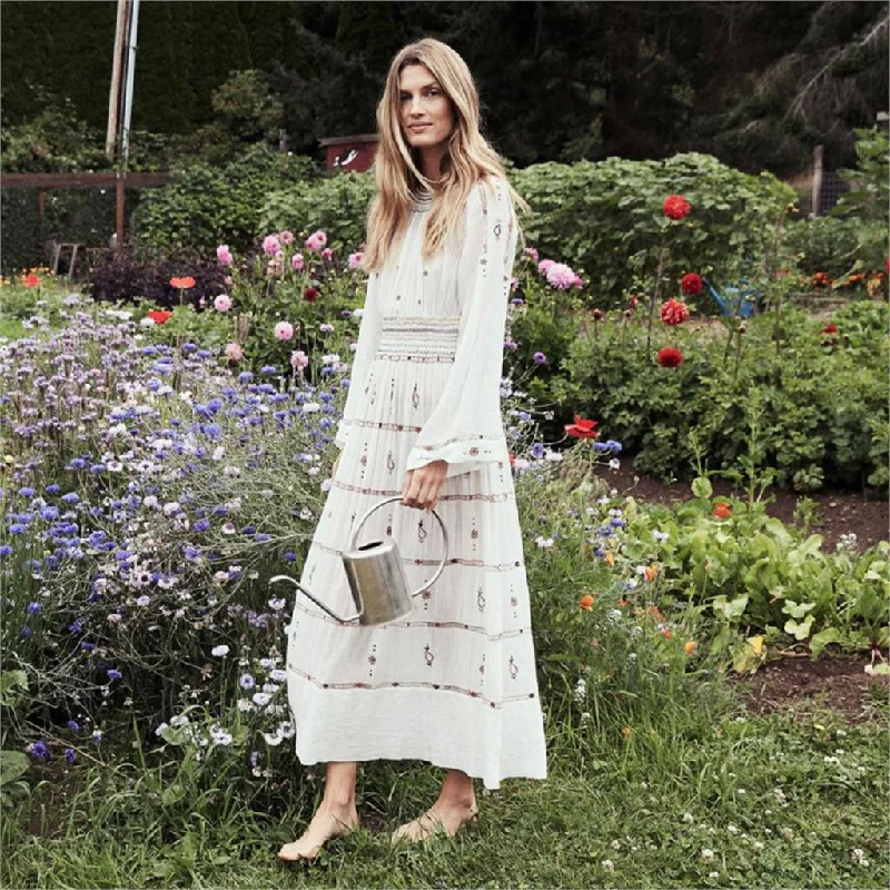 Metallic DressBoho Embroidered Maxi Summer Dress For Women , Bohemian Retro White Dress