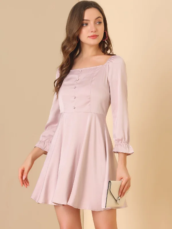 Peter Pan Collar DressSatin Mini Square Neck Long Sleeve Fit and Flare Dress