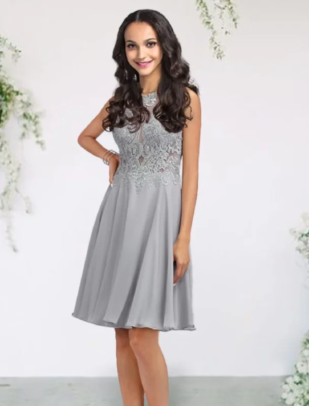 women's smart casual dressesA-Line Bridesmaid Dress Jewel Neck Sleeveless Elegant Short / Mini Chiffon / Lace / Tulle with Pleats / Appliques