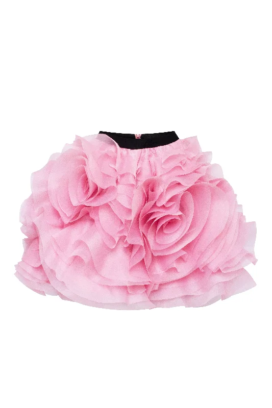 Chiffon DressDanceable mini skirt with ruched flower appliques in pink