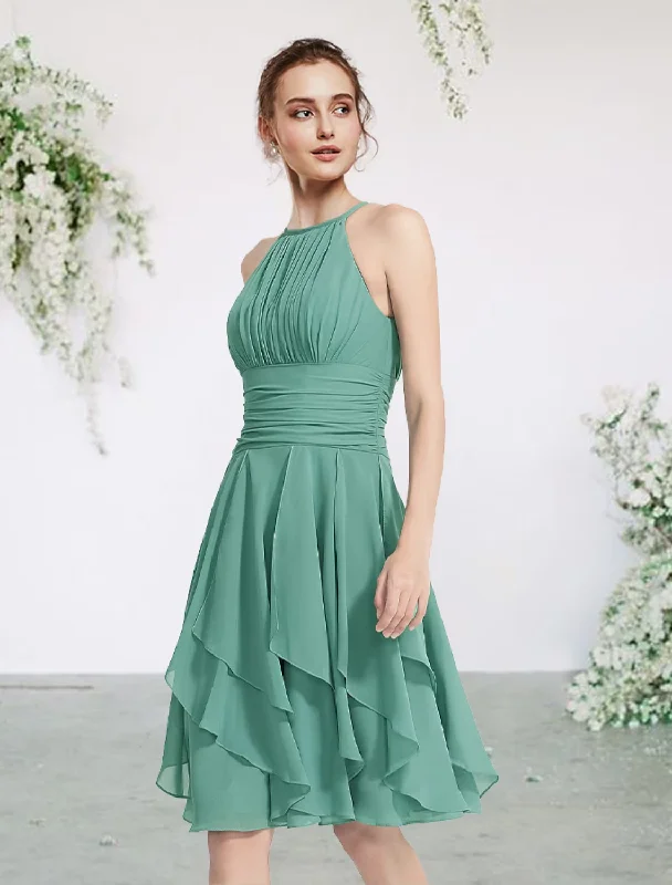 women's eco-friendly dressesA-Line Bridesmaid Dress Jewel Neck Sleeveless Elegant Short / Mini Chiffon with Pleats / Cascading Ruffles