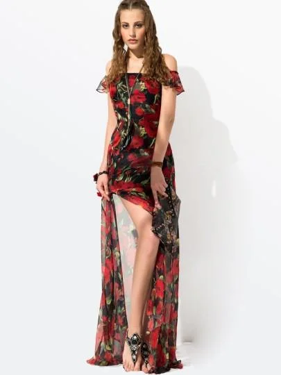 women's wrap dressesRed Floral Sleeveless Women's Maxi Dress