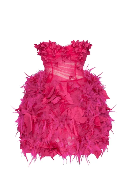 Velvet DressEpic fuchsia tulle mini dress with floral and feather application