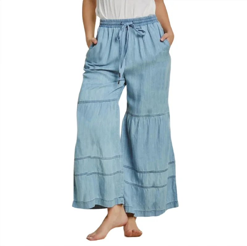 women's petite pantsTiered Wide Leg Pants In Washed Denim