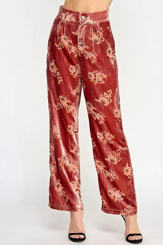 women's velvet pantsWomen's Floral Velvet Trousers In Red