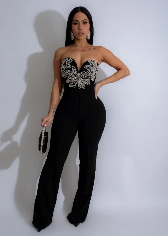 women's hourglass figure dressesCelestial Bloom Rhinestones Jumpsuit Black