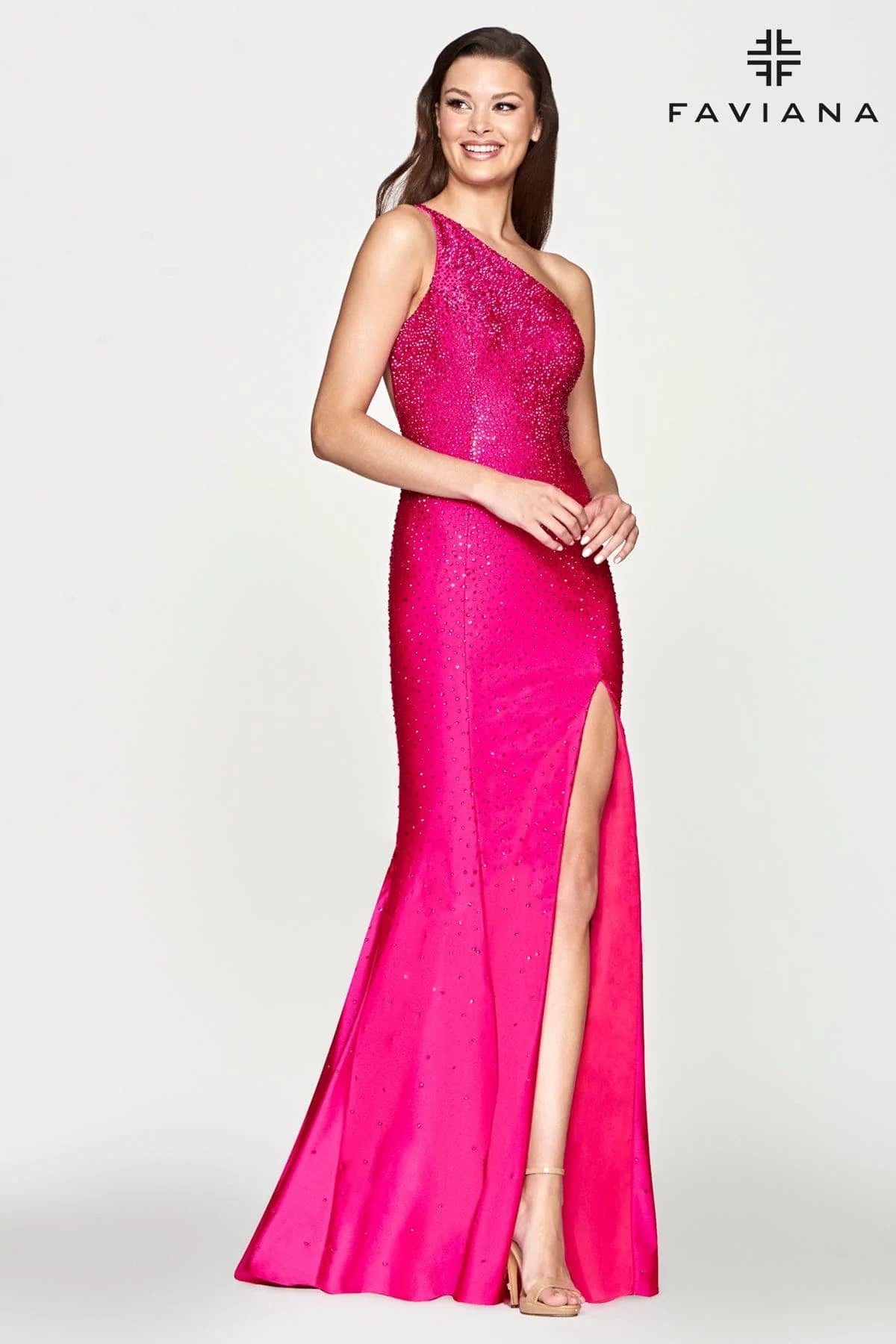 women's limited-edition dressesFaviana S10632 One Shoulder Heat Stone Gown | Hot Pink, Navy, Red, Black