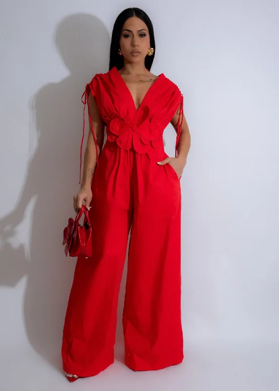 women's stretchy dressesPetal Whisper Floral Jumpsuit Red