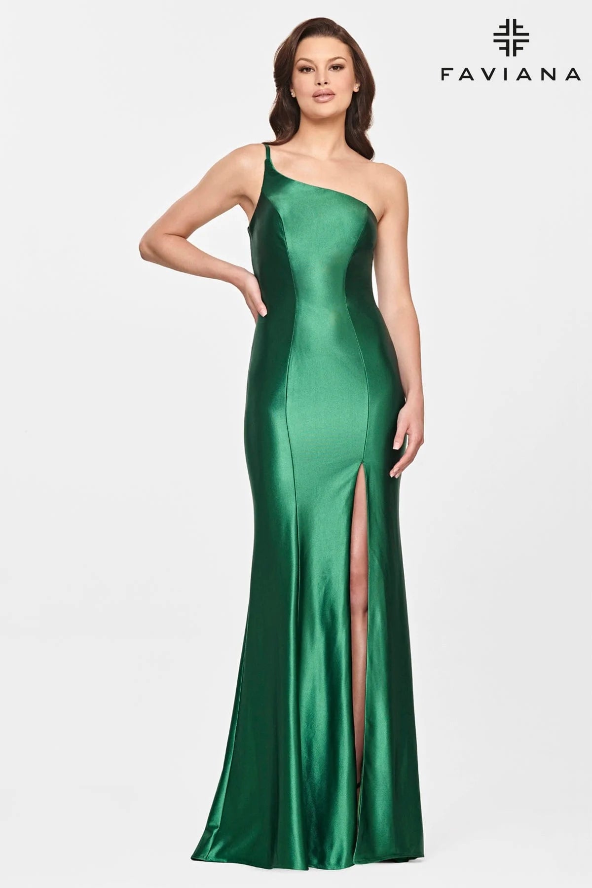 women's curve-hugging dressesFaviana 10811 Satin One Shoulder Strap Gown | Dark Emerald