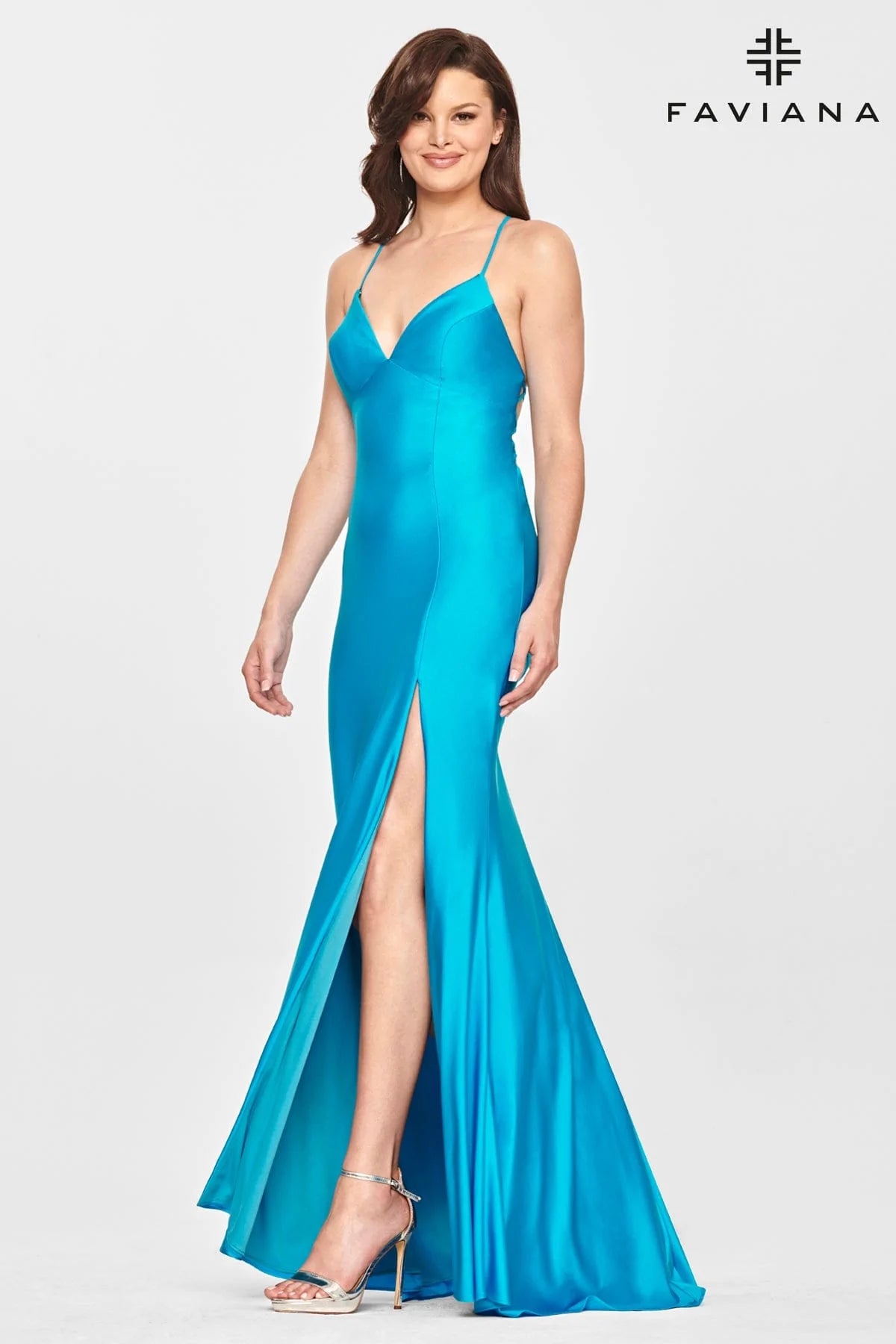 Ball Gown DressFaviana 10826 Straight V With Slit | Dark Emerald, Hot Pink, Sea Blue