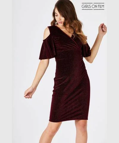 Button-Down DressBurgundy Velvet Cold Shoulder Bodycon Dress