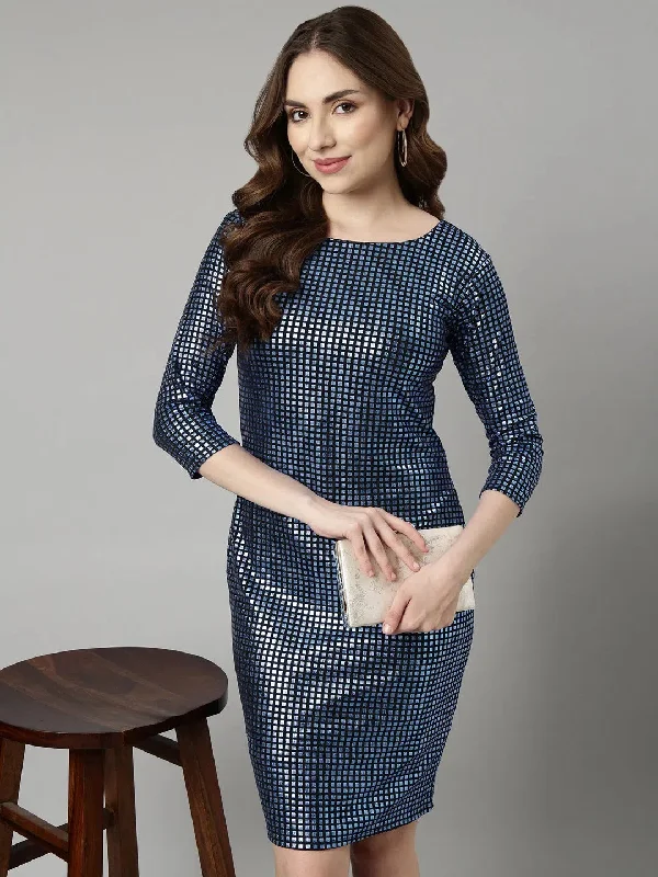 Spaghetti Strap DressWomen Blue Geometric Bodycon Dress-CM-20810-Blue